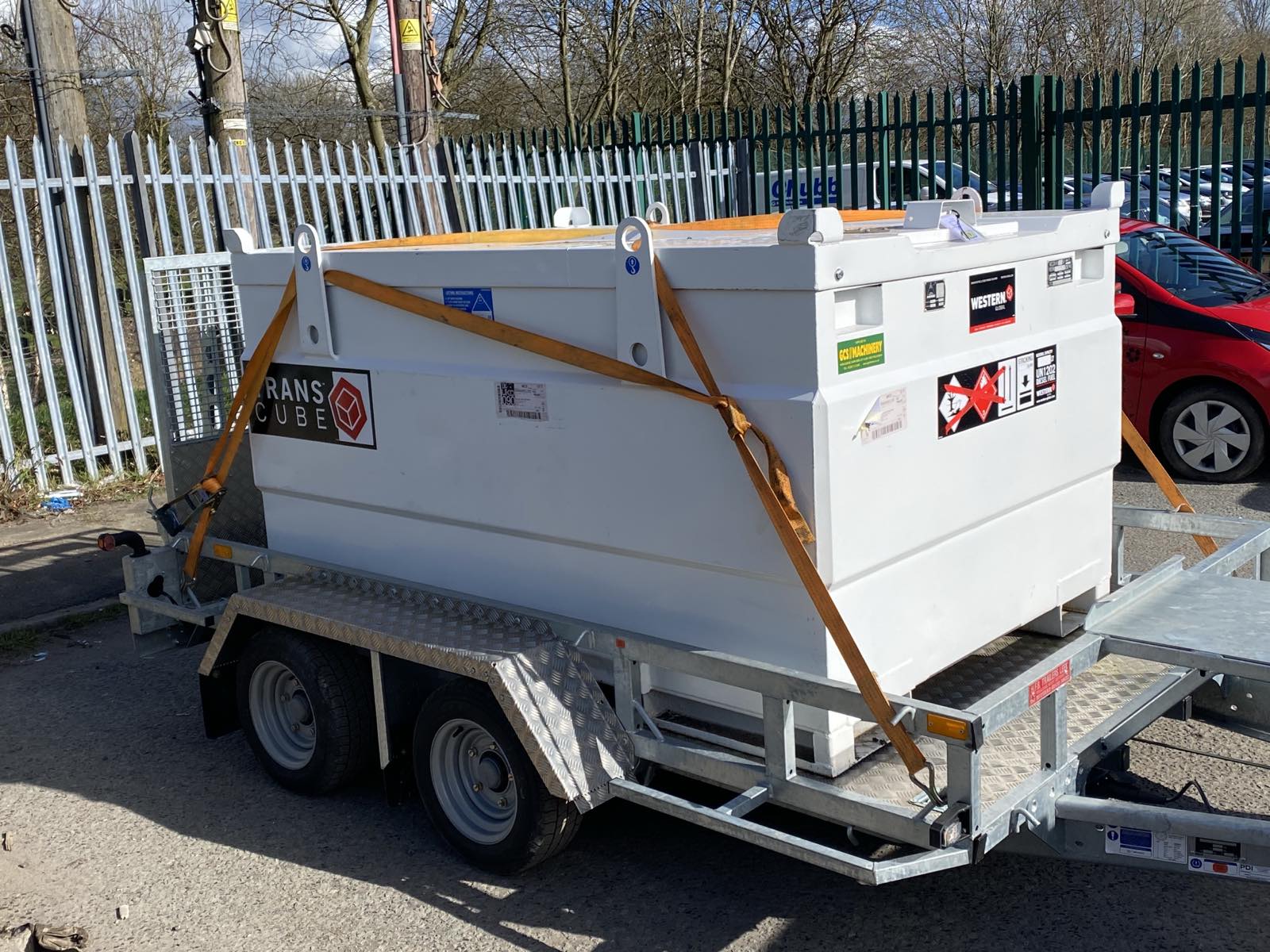 A bunded oil tank on a plant trailer ready for delivery